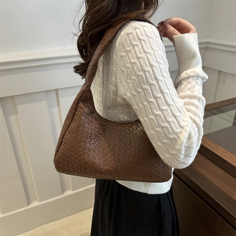 Bolso de Hombro Hobo con Patrón Tejido para Mujer Cuero Sintético Duradero Color Sólido Bolso de Axila Bolso de Mano Moderno