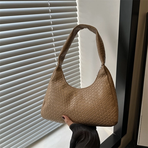 Bolso de Hombro Hobo con Patrón Tejido para Mujer Cuero Sintético Duradero Color Sólido Bolso de Axila Bolso de Mano Moderno