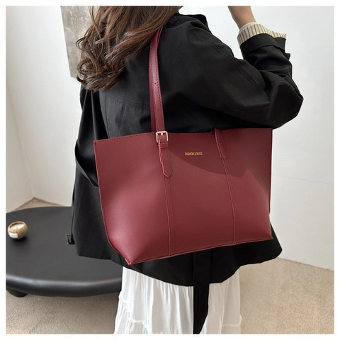 Bolso Tote de Cuero Sintético Retro Mujer Gran Capacidad Color Sólido Estampado Letras Viaje Hombro Axila