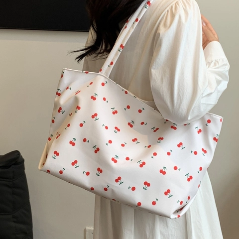 Women Large Capacity Nylon Tote Bag Korean Style Printed Cherry Strawberry Botanical Handbag Student Shoulder Bag For Commuting