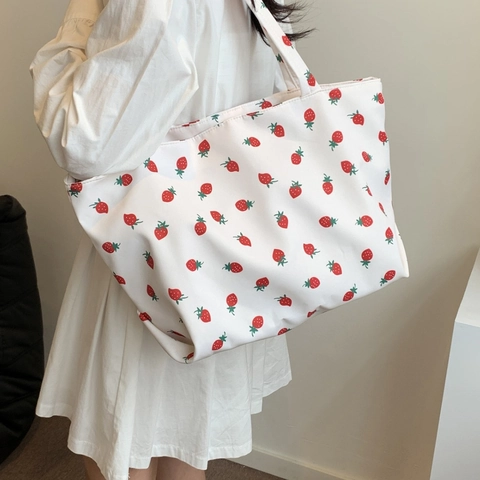 Women Large Capacity Nylon Tote Bag Korean Style Printed Cherry Strawberry Botanical Handbag Student Shoulder Bag For Commuting