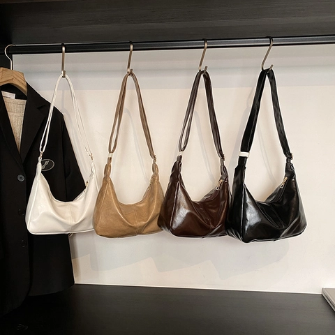 Women Retro Glossy Synthetic Leather Hobo Bag Minimalist Crescent Shoulder Crossbody Bag With Adjustable Strap Solid Color