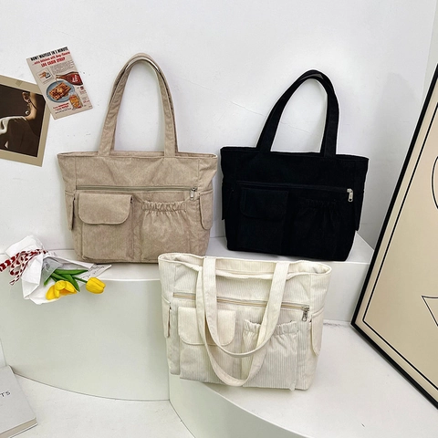 Borsa Tote in Velluto a Coste da Donna Multitasche Grande Capacità Stile Preppy Minimalista Borsa a Tracolla per Scuola Lavoro