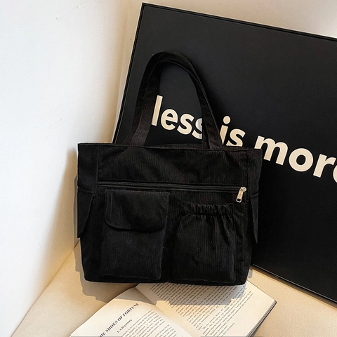 Borsa Tote in Velluto a Coste da Donna Multitasche Grande Capacità Stile Preppy Minimalista Borsa a Tracolla per Scuola Lavoro