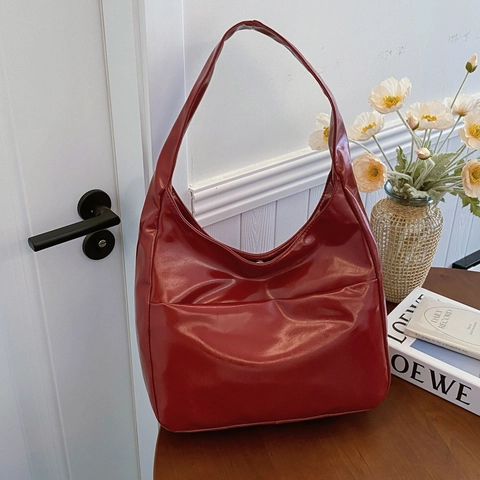 Bolso de Hombro Hobo de Cuero PU Brillante de Gran Capacidad para Mujer Bolso Tote Minimalista de Color Sólido Moda Diaria
