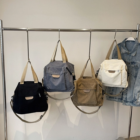 Women's Fashion Corduroy Tote Bag Large Capacity Solid Color Shoulder Crossbody Bag Casual Commuting Handbag With Letter Patch