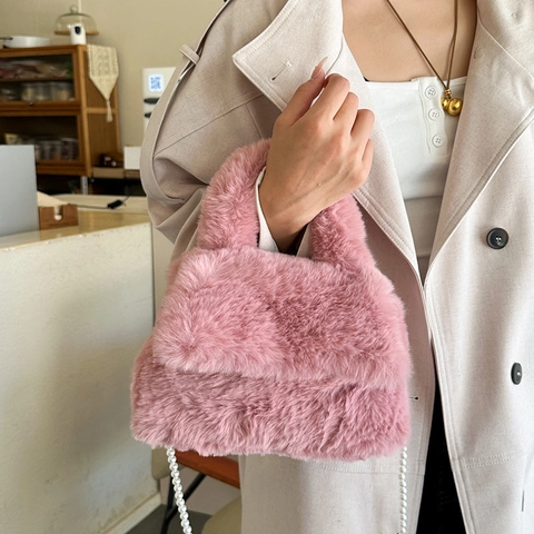 Borsa a Spalla in Peluche Moda Coreana Donna Elegante Minimalista in Pelliccia Sintetica Con Catena di Perle Artificiali