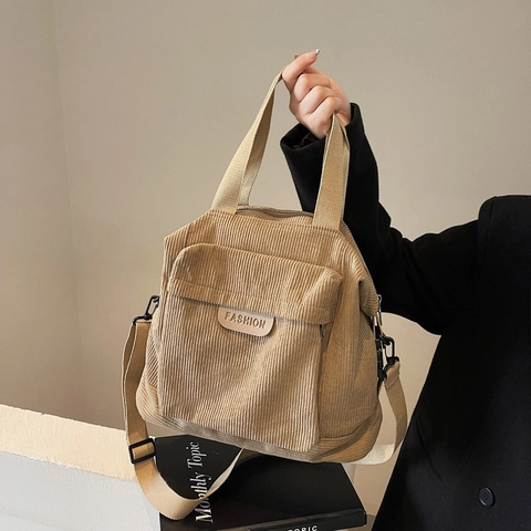 Women's Fashion Corduroy Tote Bag Large Capacity Solid Color Shoulder Crossbody Bag Casual Commuting Handbag With Letter Patch