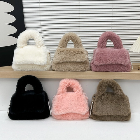 Borsa a Spalla in Peluche Moda Coreana Donna Elegante Minimalista in Pelliccia Sintetica Con Catena di Perle Artificiali