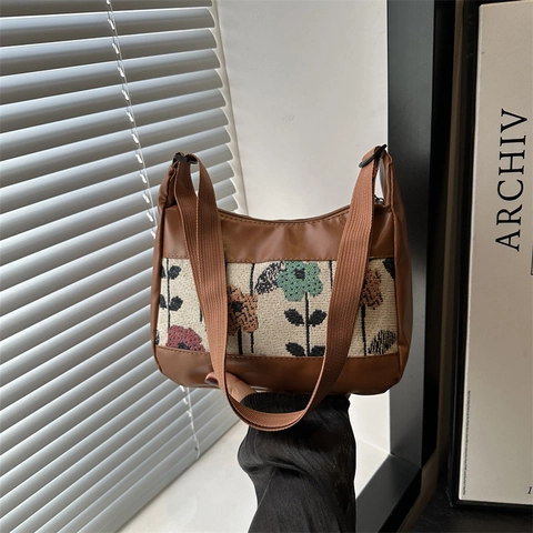 Sac à Épaule Femme Rétro Floral Jacquard en Cuir Synthétique Patchwork Hobo Sac sous le Bras Bandoulière Large Réglable