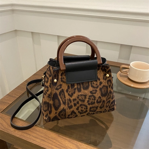 Borsa Tote Donna Vintage Leopardata Manico in Resina Patchwork in Pelle Sintetica Borsa a Tracolla a Mano Fashion Crossbody Bag