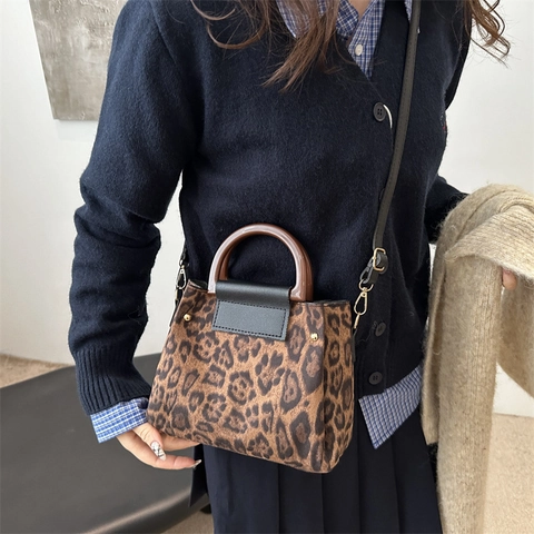 Borsa Tote Donna Vintage Leopardata Manico in Resina Patchwork in Pelle Sintetica Borsa a Tracolla a Mano Fashion Crossbody Bag