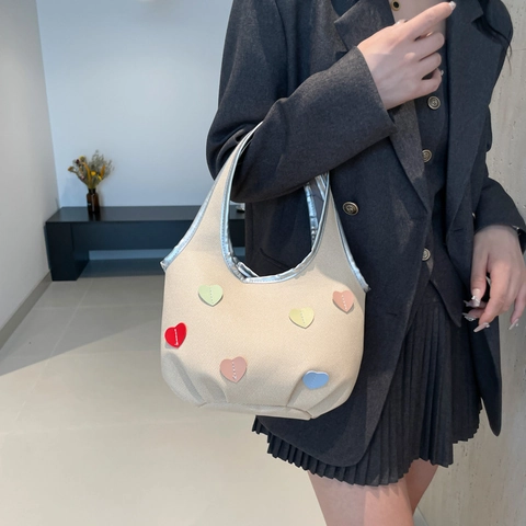Sac à Épaule en Similicuir à Motif de Cœur Style Coréen Sac Cabas Décontracté pour Femmes Mode Polyvalent Sac Sous le Bras