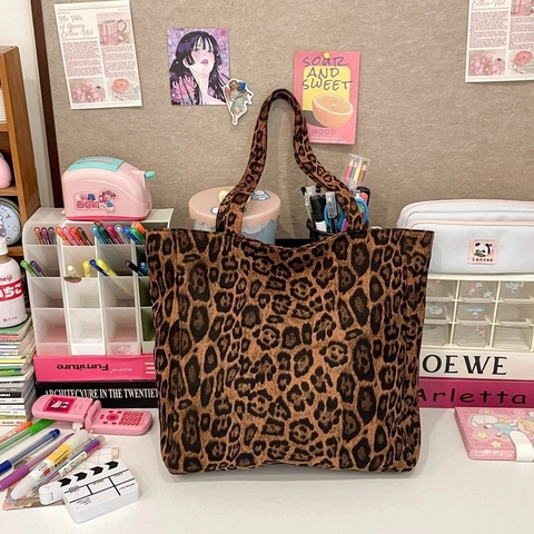 Borsa Tote in Tela con Stampa Leopardata Grande Capacità Borsa a Spalla da Pendolare Stile Coreano Borsa Vintage da Donna