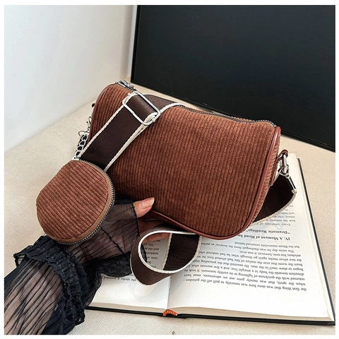 Bolso Bandolera de Pana Vintage para Mujer Juego 2 en 1 Bolso de Hombro Pequeño Con Monedero Redondo Minimalista Correa Ancha