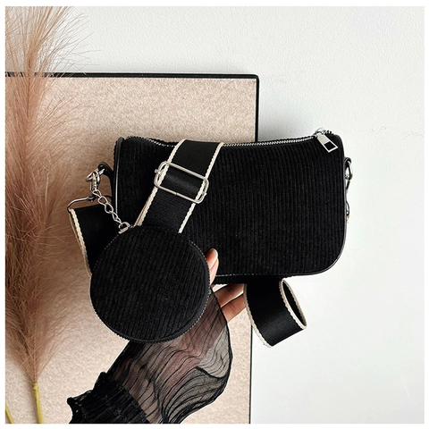 Bolso Bandolera de Pana Vintage para Mujer Juego 2 en 1 Bolso de Hombro Pequeño Con Monedero Redondo Minimalista Correa Ancha