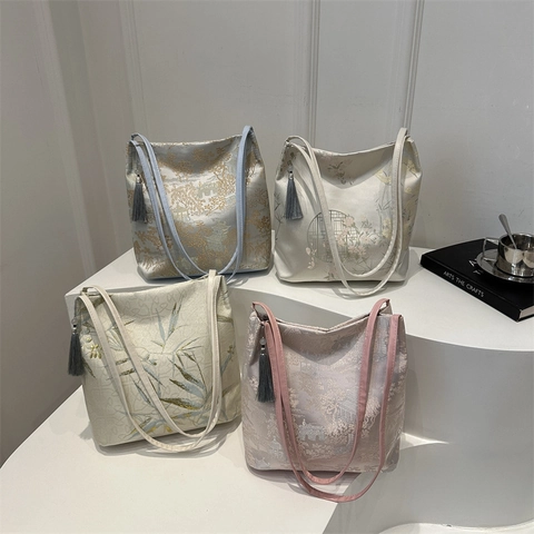 Neo-Chinesischer Stil Jacquard Umhängetasche Für Damen Retro Große Kapazität Tragetasche Mit Quaste Bambus Landschaft Muster Stofftasche