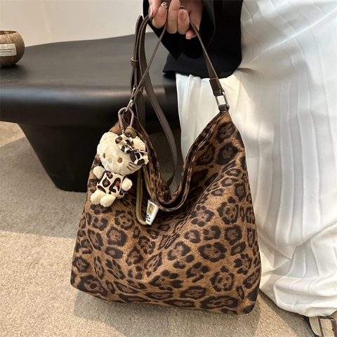 Borsa Tote Donna Retrò Stampa Leopardata Grande Capacità Casual in Camoscio Borsa Hobo a Tracolla Con Tracolla Regolabile Borsa alla Moda