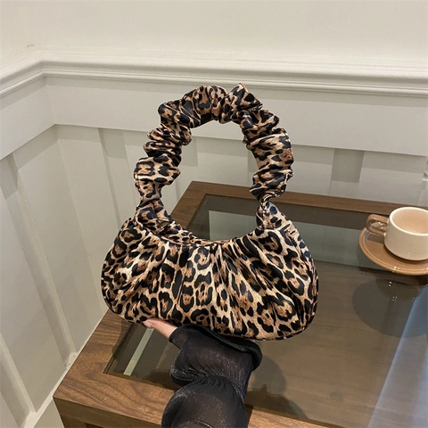 Borsa Sottobraccio a Pieghe con Stampa Leopardata da Donna Borsa a Tracolla a Nuvola con Manico Scrunchie Borsa Hobo Retrò Quotidiana