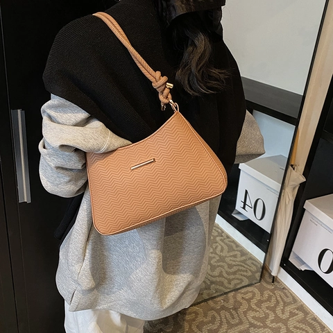 Damen Fashion Zickzackmuster Geprägte Unterarmtasche Kunstleder Handtasche Mit Geknotetem Griff Gold Metall Bar Schultertasche