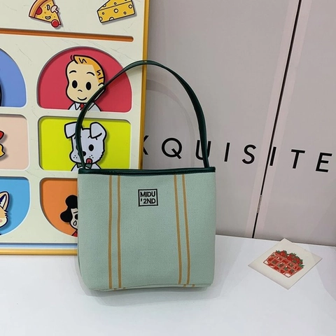 Women Fashion Canvas Tote Bag Mint Green Contrast Vertical Stripes Minimalist Casual Shoulder Bag Large Capacity Handbag