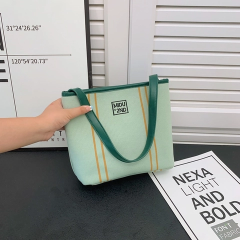 Women Fashion Canvas Tote Bag Mint Green Contrast Vertical Stripes Minimalist Casual Shoulder Bag Large Capacity Handbag