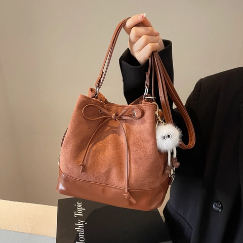 Sac à Dos Seau Patchwork Vintage Coréen Pour Femme Mode Minimaliste Grande Capacité Cordon Noeud Sac à Bandoulière Sac à Main Quotidien