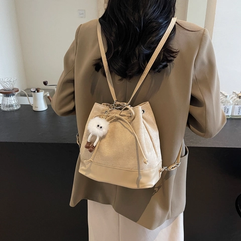 Sac à Dos Seau Patchwork Vintage Coréen Pour Femme Mode Minimaliste Grande Capacité Cordon Noeud Sac à Bandoulière Sac à Main Quotidien