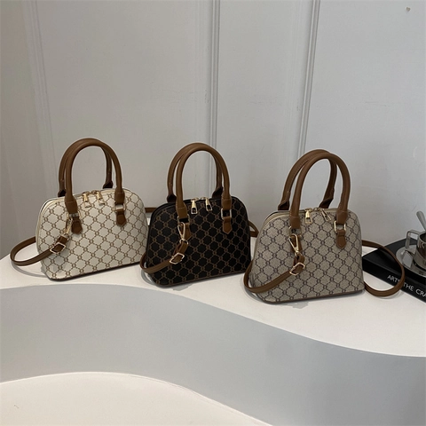 Vintage Monogram Schelp Handtas Voor Dames Retro Bedrukte Kunstlederen Schoudertas Met Verstelbare Riem Crossbody Tas