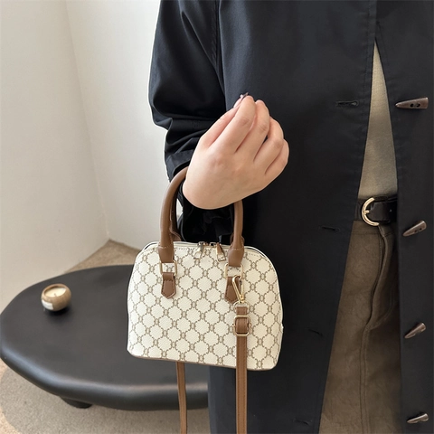 Vintage Monogram Schelp Handtas Voor Dames Retro Bedrukte Kunstlederen Schoudertas Met Verstelbare Riem Crossbody Tas