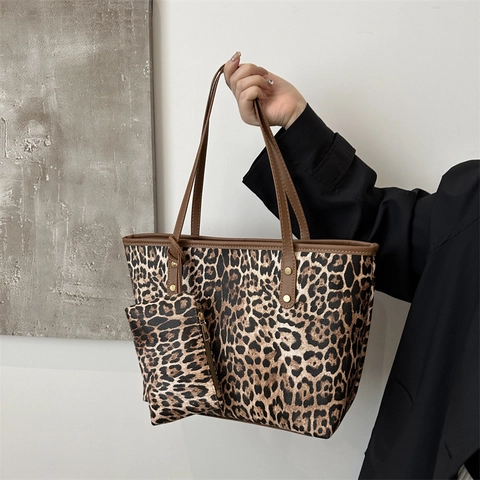 Vintage Animal Print Λεοπάρ Τσάντα Tote Φλανέλα Μεγάλης Χωρητικότητας Τσάντα Ώμου Με Μικρό Τσαντάκι Γυναικεία Τσάντα