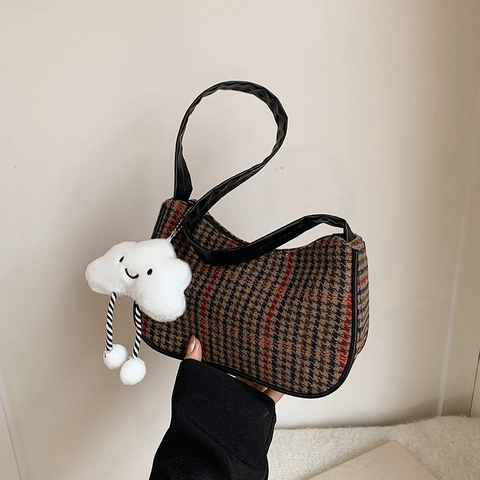 Retro Plaid Underarm Bag Women Vintage Tweed Checkered Hobo Bag Fashion Small Shoulder Bag Trendy Handbag Daily Commute Bag