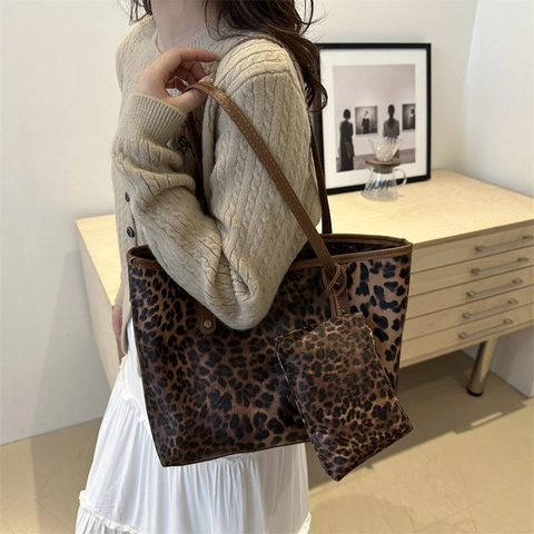 Vintage Animal Print Λεοπάρ Τσάντα Tote Φλανέλα Μεγάλης Χωρητικότητας Τσάντα Ώμου Με Μικρό Τσαντάκι Γυναικεία Τσάντα