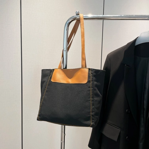 Grand Cabas en Toile pour Femme Sac à Épaule Décontracté Navettage Poignée en Cuir Synthétique Sac à Main Minimaliste