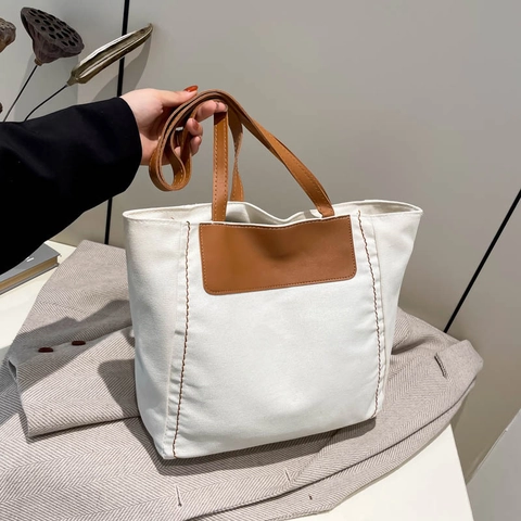 Grand Cabas en Toile pour Femme Sac à Épaule Décontracté Navettage Poignée en Cuir Synthétique Sac à Main Minimaliste