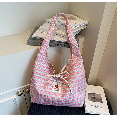 Korean Style Canvas Tote Bag For Women Cute Cherry Tomato Grid Pattern Large Capacity Shoulder Bag With Bow Decoration