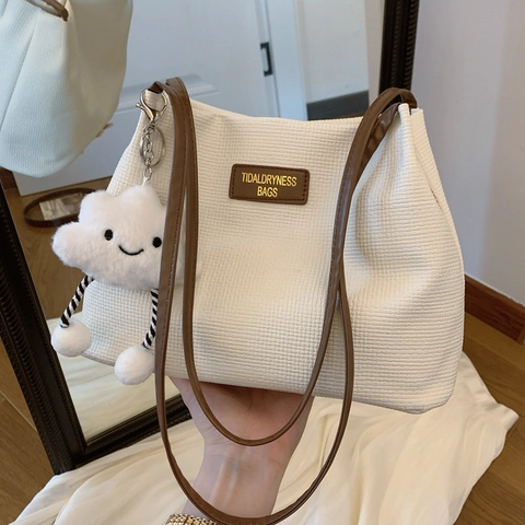 Women Large Capacity Suede Tote Bag Waffle Texture Urban Minimalist Shoulder Bag With Cute Cloud Plush Charm Khaki Brown