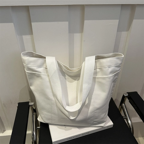 Borsa Tote in Tela da Donna Grande Capacità Minimalista Stile Coreano Multitasca Borsa a Tracolla Casual per Pendolari