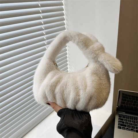 Women Faux Fur Plush Handbag Ruched Knot Handle Shoulder Bag Fashion Winter Square Crossbody Bag With Gold Chain Strap