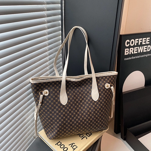 Vintage Faux Leather Tote Bag Large Capacity Printed Shoulder Bag For Women Retro Geometric Pattern Handbag Commuting Bag