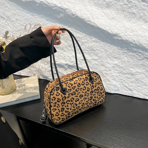 Women Fashion Leopard Print Bowling Bag Synthetic Leather Handbag With Removable Strap Casual Commuter Shoulder Bag
