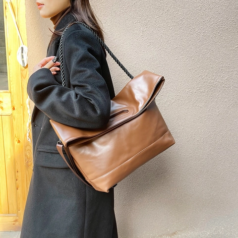 Bolso Tote de Cuero PU de Gran Capacidad para Mujer Bolso de Hombro Retro Con Asa de Cuerda Trenzada para Uso Diario