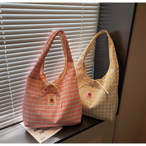 Korean Style Canvas Tote Bag For Women Cute Cherry Tomato Grid Pattern Large Capacity Shoulder Bag With Bow Decoration