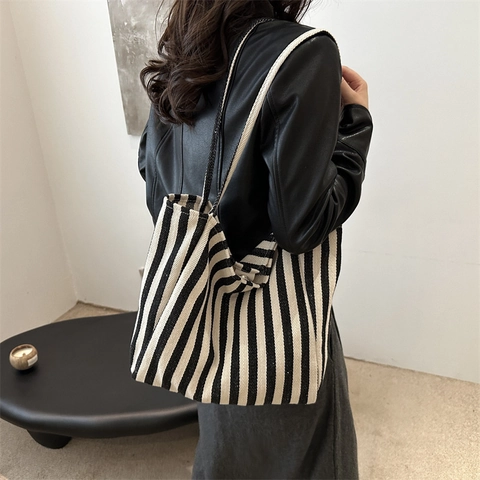 Women's Minimalist Large Capacity Nylon Stripe Tote Bag Casual Daily Shoulder Bag Woven Handle Striped Shopping Bag