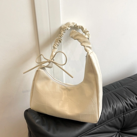 Fashion Synthetic Leather Pleated Shoulder Bag For Women Geometric Patchwork Hobo Bag With Bow Decoration Underarm Handbag