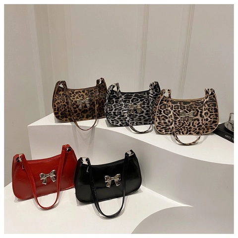 Borsa a Spalla da Donna con Stampa Leopardata Retrò con Fiocco in Metallo Moda in Pelle Sintetica Piccola Borsa Sottobraccio Quadrata Casual