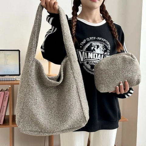 Sac Fourre-tout Rétro en Velours pour Femmes Grande Capacité Style Coréen Texture Bandoulière Sac à Main d'Hiver