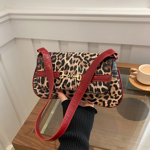Vintage Leopardenmuster Achseltasche Für Damen Retro PU Leder Schultertasche Mit Gold Gebiss Dekor Baguette Handtasche