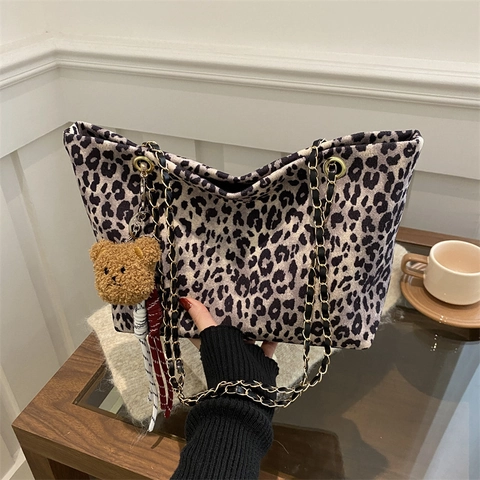 Borsa Tote con Stampa Leopardata Donna Grande Capacità in Pelle Scamosciata Borsa alla Moda con Tracolla a Catena Casual da Lavoro