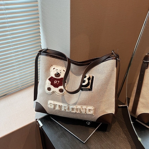 Retro Leinwand Tragetasche Für Damen Bären Stickerei Patchwork Schultertasche Große Kapazität Lässige Umhängetasche Pendeln Handtasche